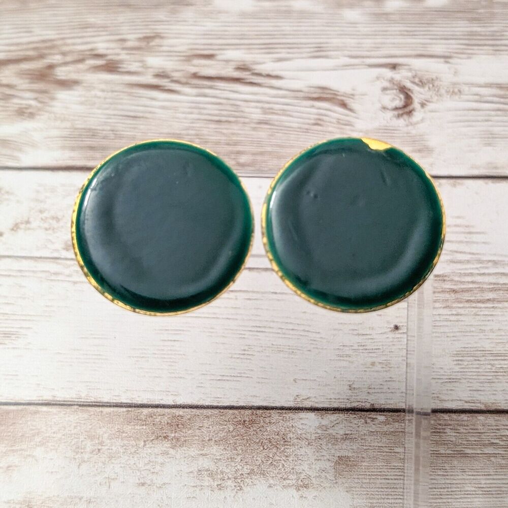 Vintage Clip On Earrings - 1.25" Dark Green - Paint Chipping & Marks